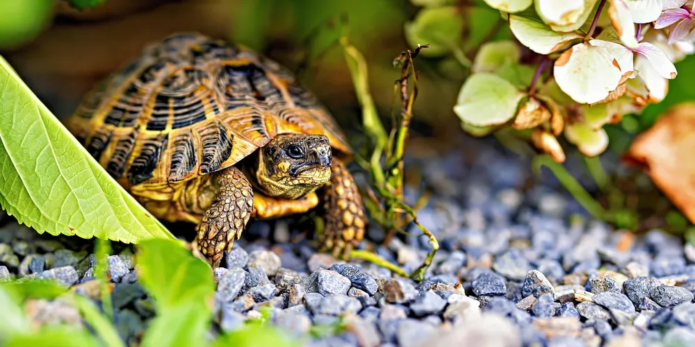 Close-up of a box turtle on gravel with green leaves and white flowers in the background