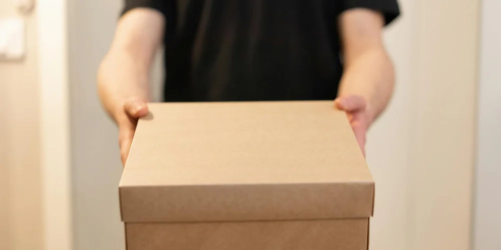 Person holding a closed cardboard box toward the camera in a doorway
