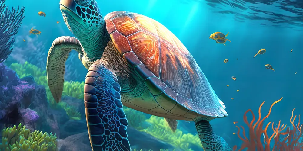 Hawksbill sea turtle gliding over a vibrant coral reef with sunlight streaming through clear blue water