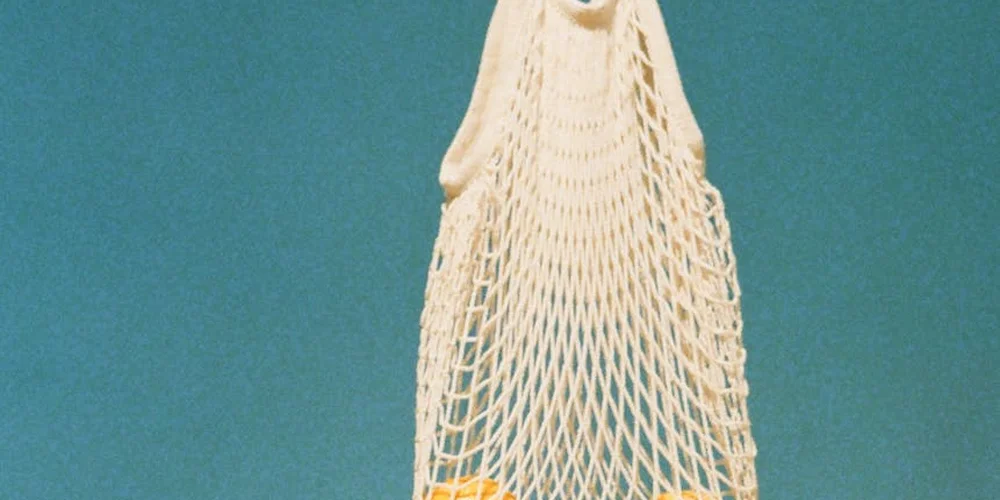 White mesh fruit bag hanging against a teal background