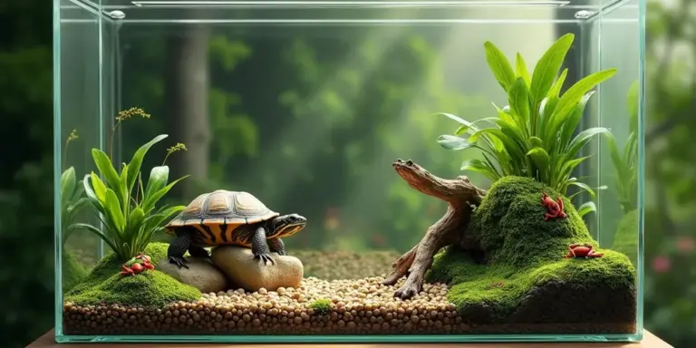 A glass paludarium featuring a gravel substrate, a moss-covered land mound, driftwood, and lush green plants, with a small turtle on the land area.