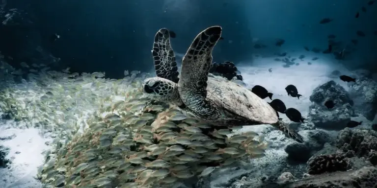 Sea turtle swimming underwater surrounded by a dense school of small fish.