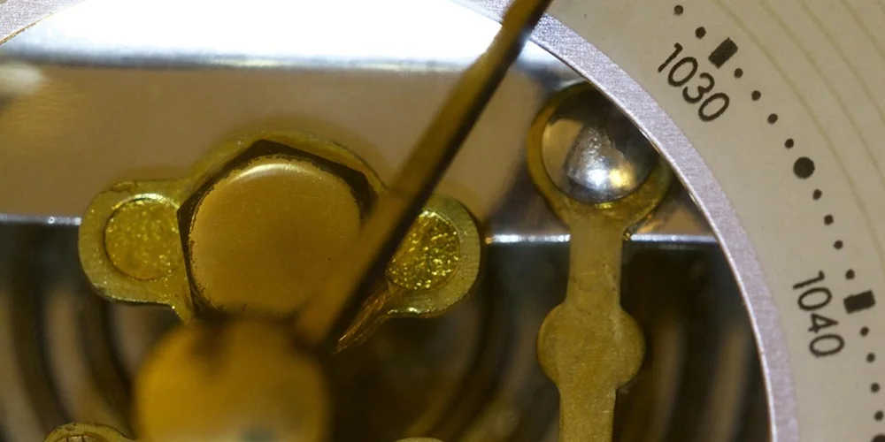 Close-up of an analog hygrometer gauge in a terrarium setup, featuring a circular dial and metal hardware.