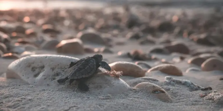 A small sea turtle on a pebble-strewn beach at sunset