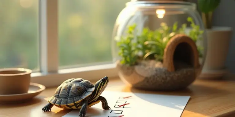 Small turtle on a wooden table beside a glass terrarium and a potted plant, with a notebook nearby.
