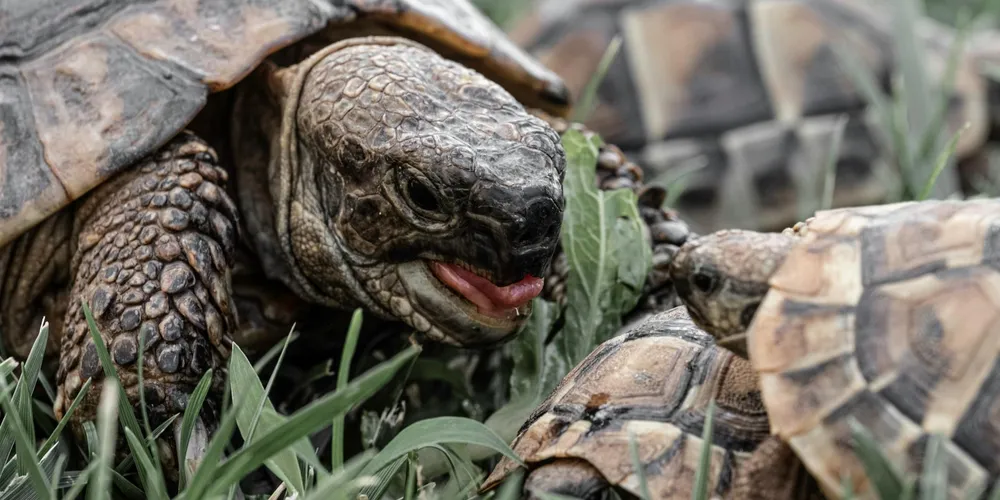 Close-up of a terrestrial turtle among grass and leaves, with another turtle visible in the background.