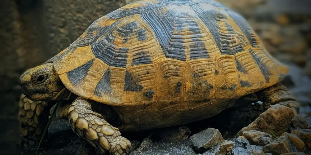 Close-up of a patterned-shelled turtle on rocky ground