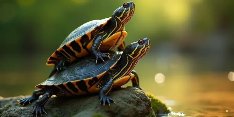 Two turtles stacked on a rock beside a sunlit pond, basking in the warmth.