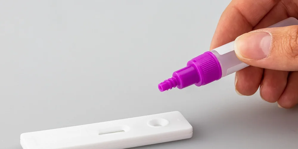 Close-up of a hand using a dropper to test turtle tank water with a testing kit beside a white test strip device