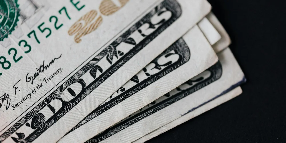 Close-up of stacked U.S. dollar bills on a dark surface, symbolizing veterinary expenses for pet turtles.