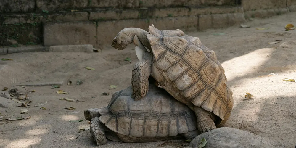 Two land turtles on a sunlit sidewalk, with one perched on top of the other.