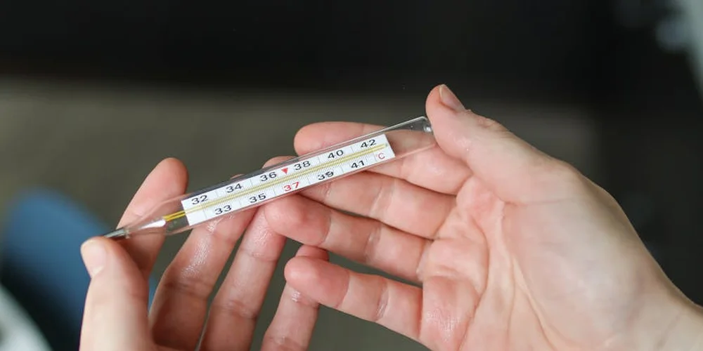 Close-up of a hand holding a glass thermometer to measure temperature gradients in a turtle tank.